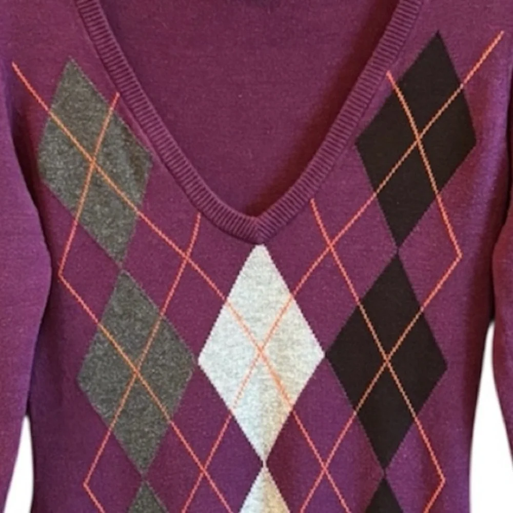 Vintage Argyle Sweater Knit 90s Y2K Pattern V-Neck Jumper Purple Gray Size Small